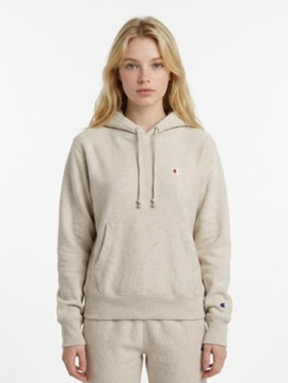 Champion Reverse Weave Hooded Sweatshirt Women Small Beige Classic Pullover